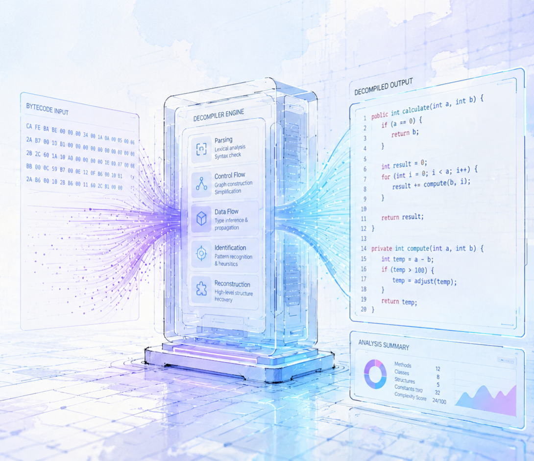 Decompiler X turning raw bytecode into readable, structured source
